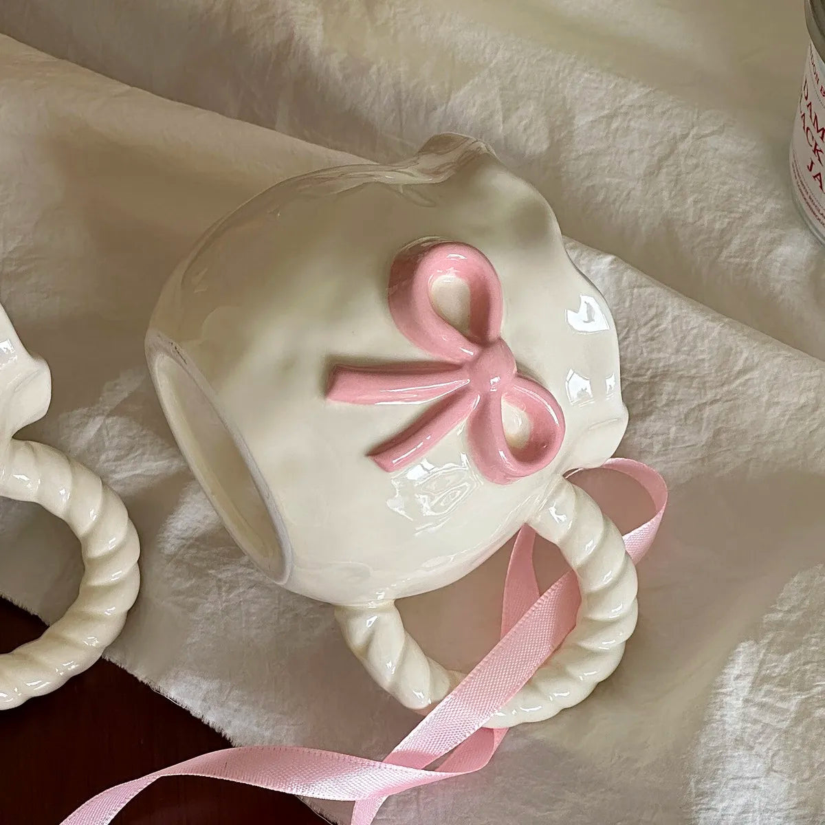 Taza de cerámica con lazo en relieve rosa, tazas para café, leche, bebidas, taza con asa de cerámica con caja, regalo para niñas