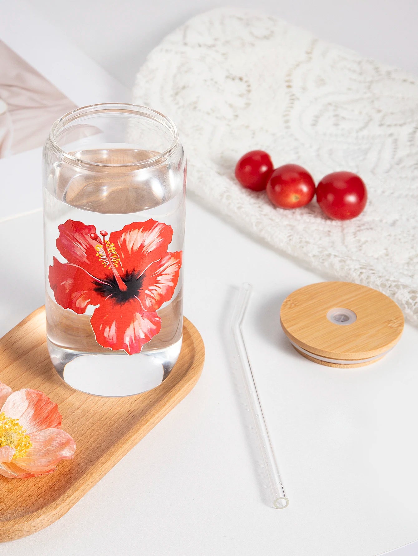 Taza de cristal con lazo bonito de 500ml, botella de agua con diseño de grafiti de cereza de amor, tazas de café con tapas, cepillo de paja, regalo de fiesta del Día de San Valentín