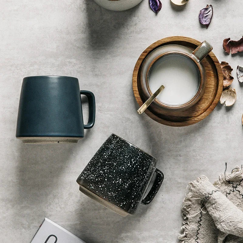Taza de cerámica creativa Retro, posavasos de madera, taza de café de oficina, taza de bebida, taza de leche, taza de pareja para el hogar, tazas de agua, tazas de té