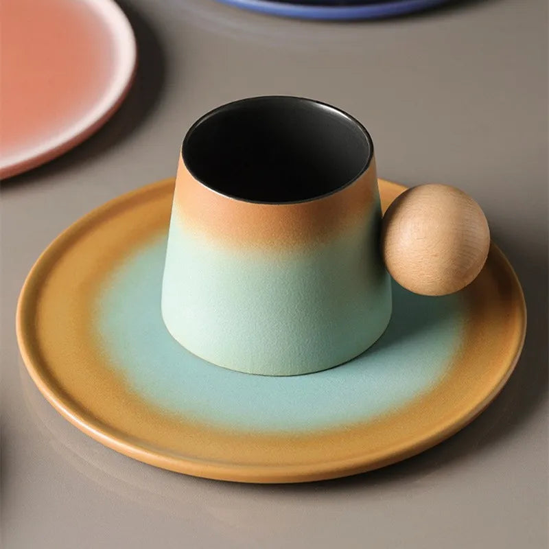 Juego de taza de café y platillo de cerámica de diseño creativo, taza personal delicada y de alta gama, taza de té de la tarde con un estilo retro