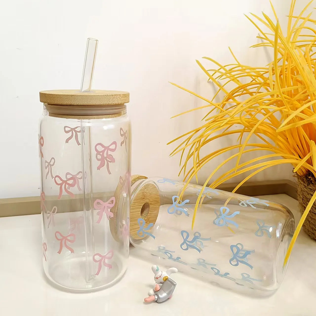 Taza de cristal con lazo bonito de 500ml, botella de agua con patrón de oso, tazas de café con tapas, cepillo de paja, regalo de fiesta del Día de San Valentín