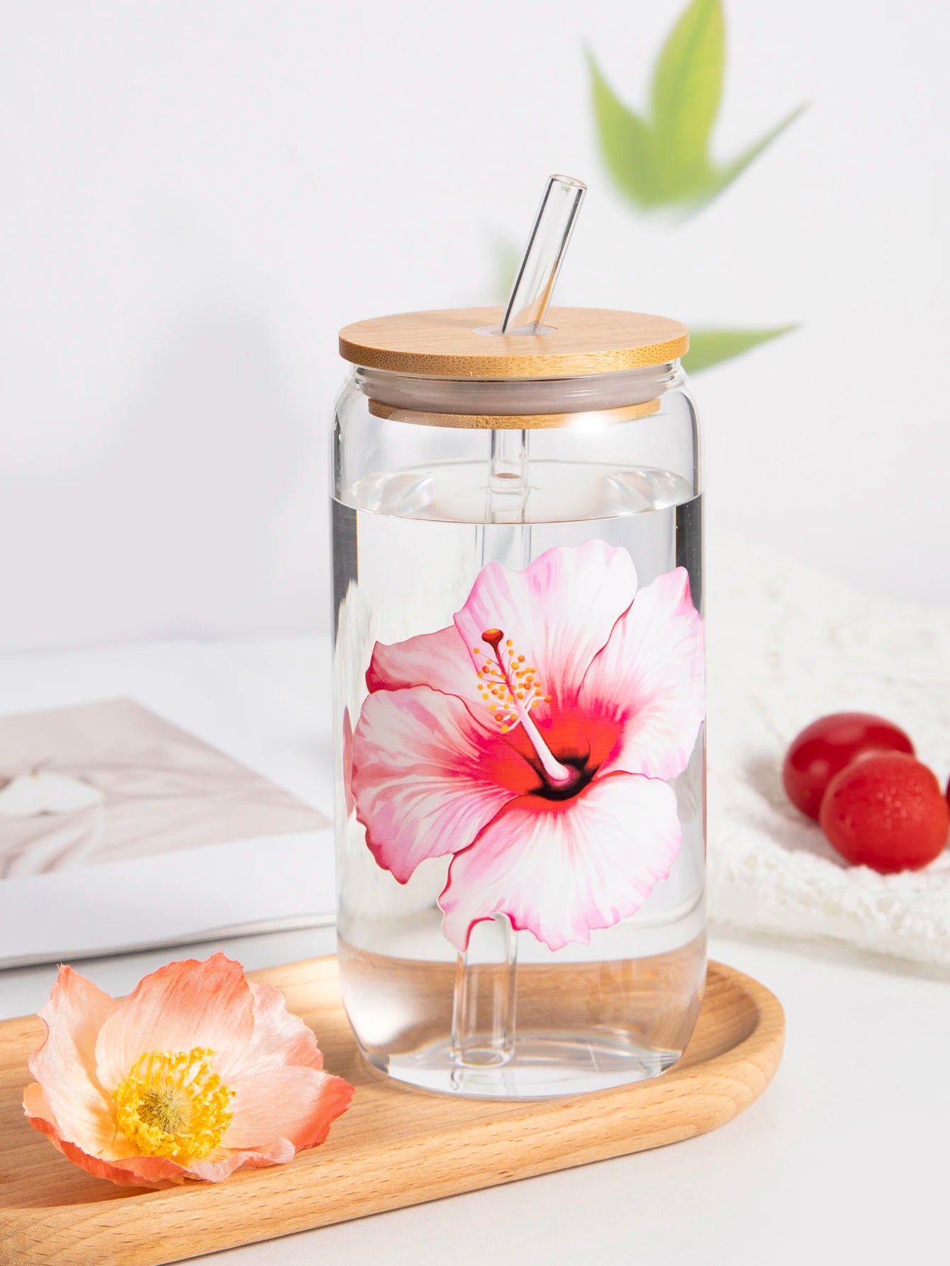 Taza de cristal con lazo bonito de 500ml, botella de agua con diseño de grafiti de cereza de amor, tazas de café con tapas, cepillo de paja, regalo de fiesta del Día de San Valentín