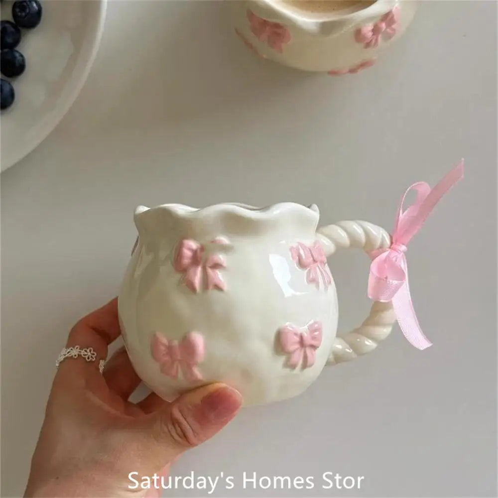 Taza de cerámica con lazo en relieve rosa, tazas para café, leche, bebidas, taza con asa de cerámica con caja, regalo para niñas