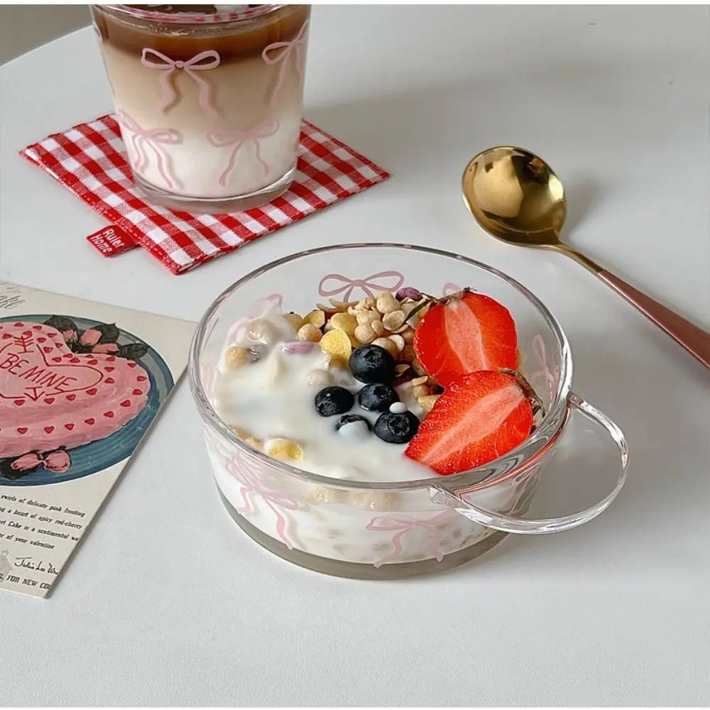 Taza de vidrio con lazo rosa para el verano, vaso de café helado, tazón de vidrio, regalo