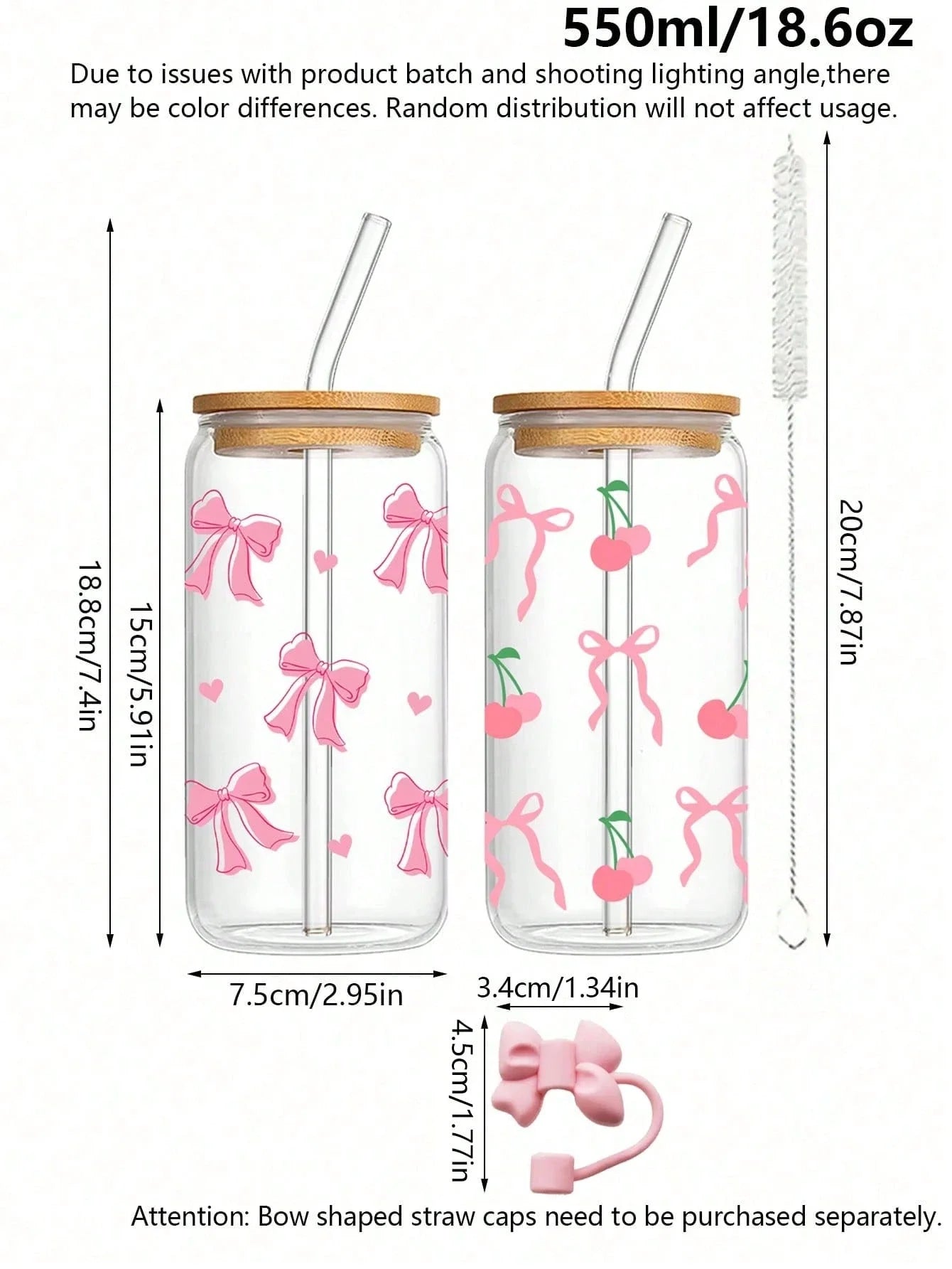 Taza de cristal con lazo bonito de 500ml, botella de agua con diseño de grafiti de cereza y amor navideño con tapa de bambú, tazas de café heladas, regalo de Halloween