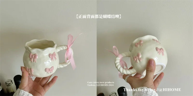 Taza Irregular hecha a mano, taza de café con lazo tridimensional rosa, taza de agua de cerámica de regalo de nicho artístico
