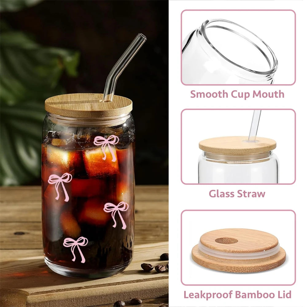 Vasos de cristal bonitos con lazo rosa de 500ml con tapas y vaso de paja, vaso de cristal para leche helada, café, batido, cóctel, taza de jugo Matcha