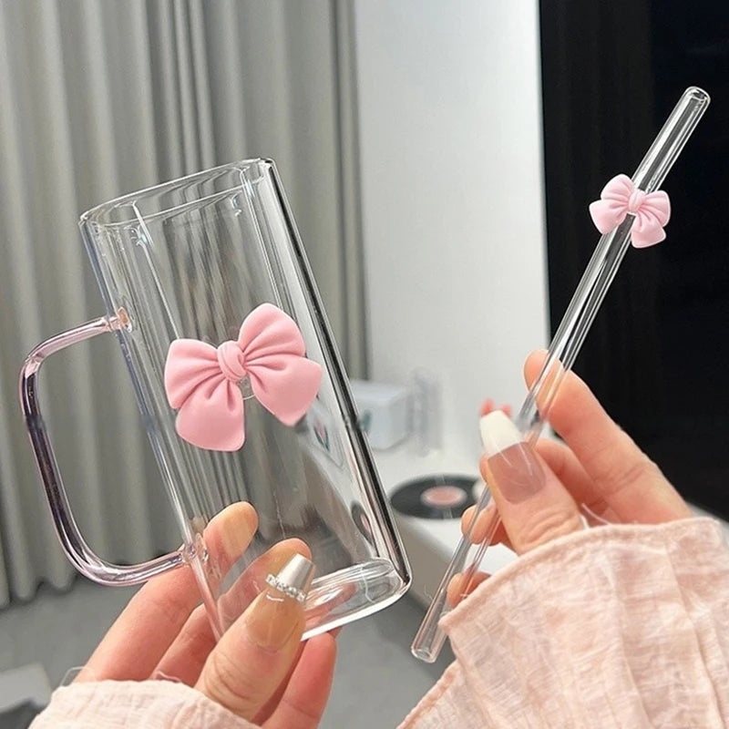 Taza a rayas linda de cristal con lazo de dibujos animados; Diseño de garabatos, adecuado para tés de frutas, limonada, regalo para niñas amantes del café