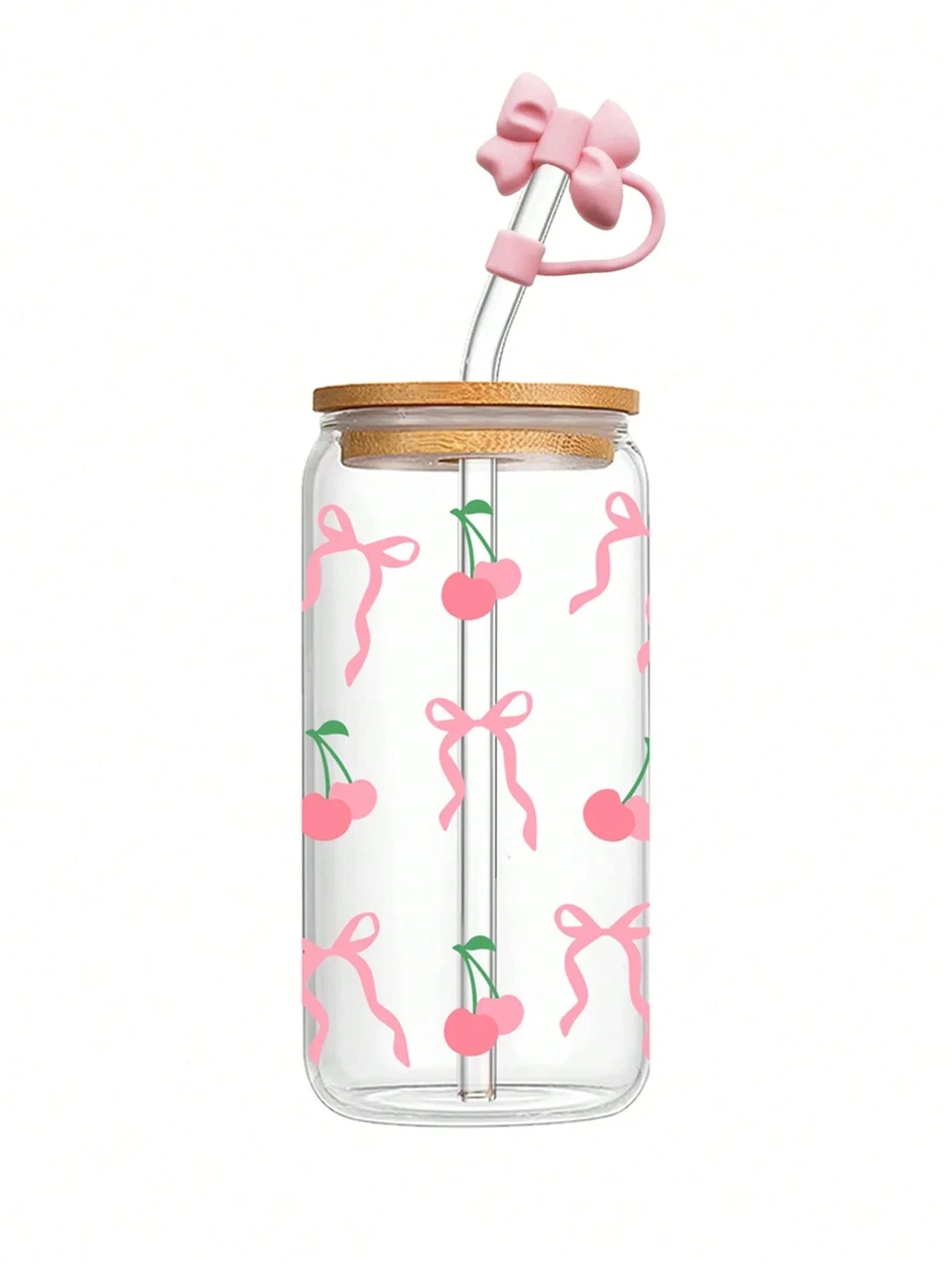 Taza de cristal con lazo bonito de 500ml, botella de agua con diseño de grafiti de cereza y amor navideño con tapa de bambú, tazas de café heladas, regalo de Halloween