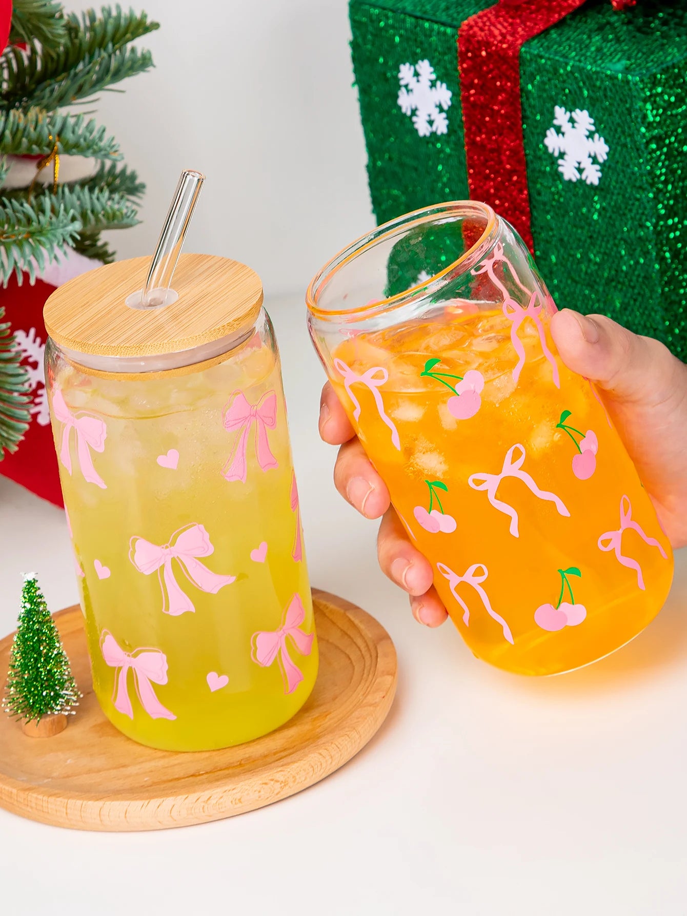 Taza de cristal con lazo bonito de 500ml, botella de agua con diseño de grafiti de cereza de amor, tazas de café con tapas, cepillo de paja, regalo de fiesta del Día de San Valentín