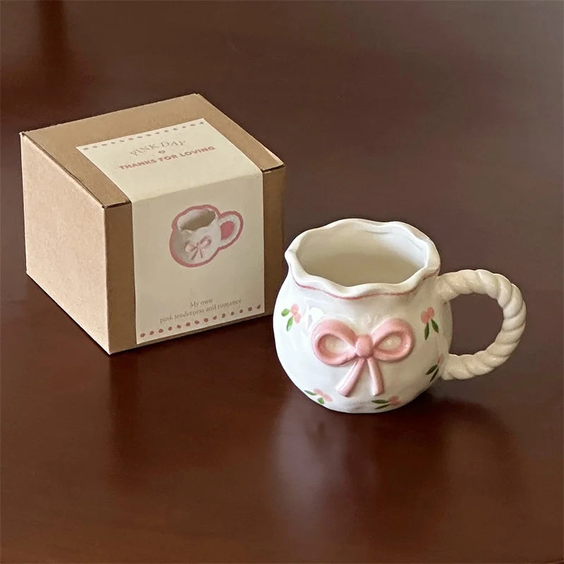 Taza de cerámica con lazo en relieve rosa, tazas para café, leche, bebidas, taza con asa de cerámica con caja, regalo para niñas