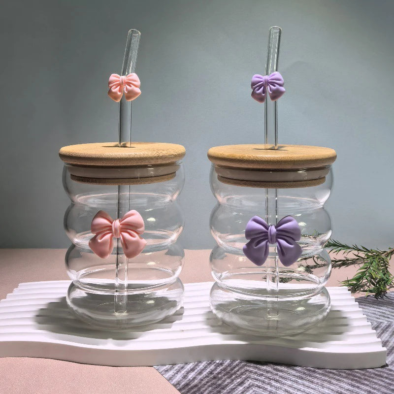 Taza de agua bonita con lazo, vaso de cristal con lazo de dibujos animados, taza de café con garabatos bonitos a rayas, fruta para el hogar, té, limonada, regalo para niñas