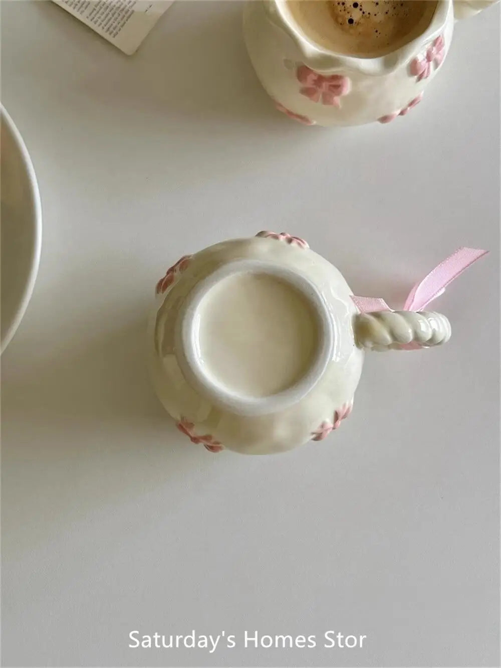 Taza de cerámica con lazo en relieve rosa, tazas para café, leche, bebidas, taza con asa de cerámica con caja, regalo para niñas