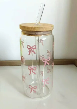 Taza de cristal con lazo bonito de 500ml, botella de agua con patrón de oso, tazas de café con tapas, cepillo de paja, regalo de fiesta del Día de San Valentín
