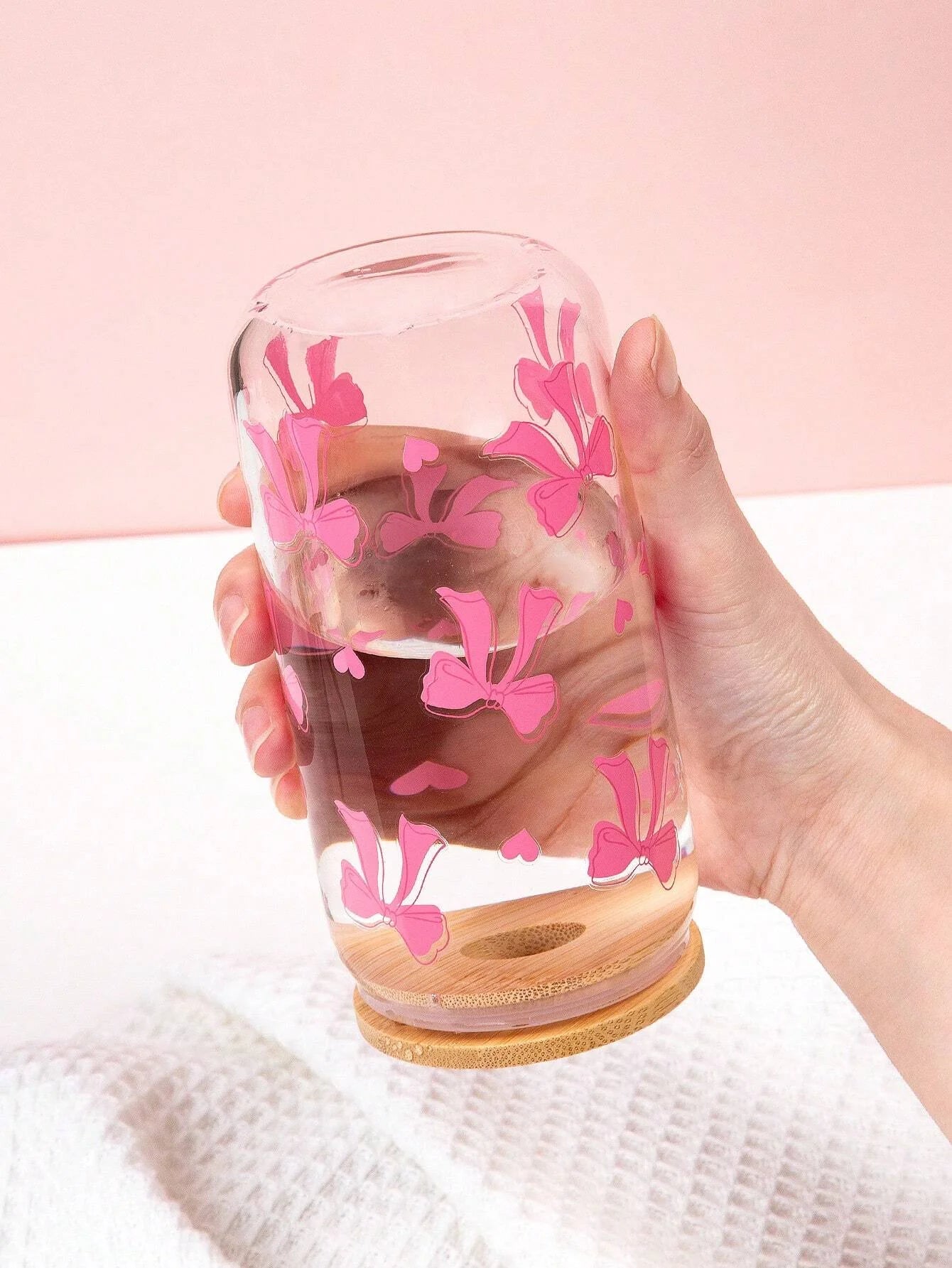 Taza de cristal con lazo bonito de 500ml, botella de agua con diseño de grafiti de cereza de amor, tazas de café con tapas, cepillo de paja, regalo de fiesta del Día de San Valentín