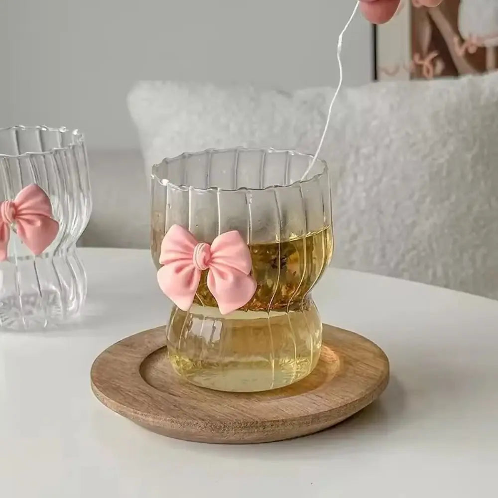 Taza de agua a rayas de gran capacidad con lazo rosa de dibujos animados, vaso con pajita de cristal transparente, regalo para niñas, nueva moda