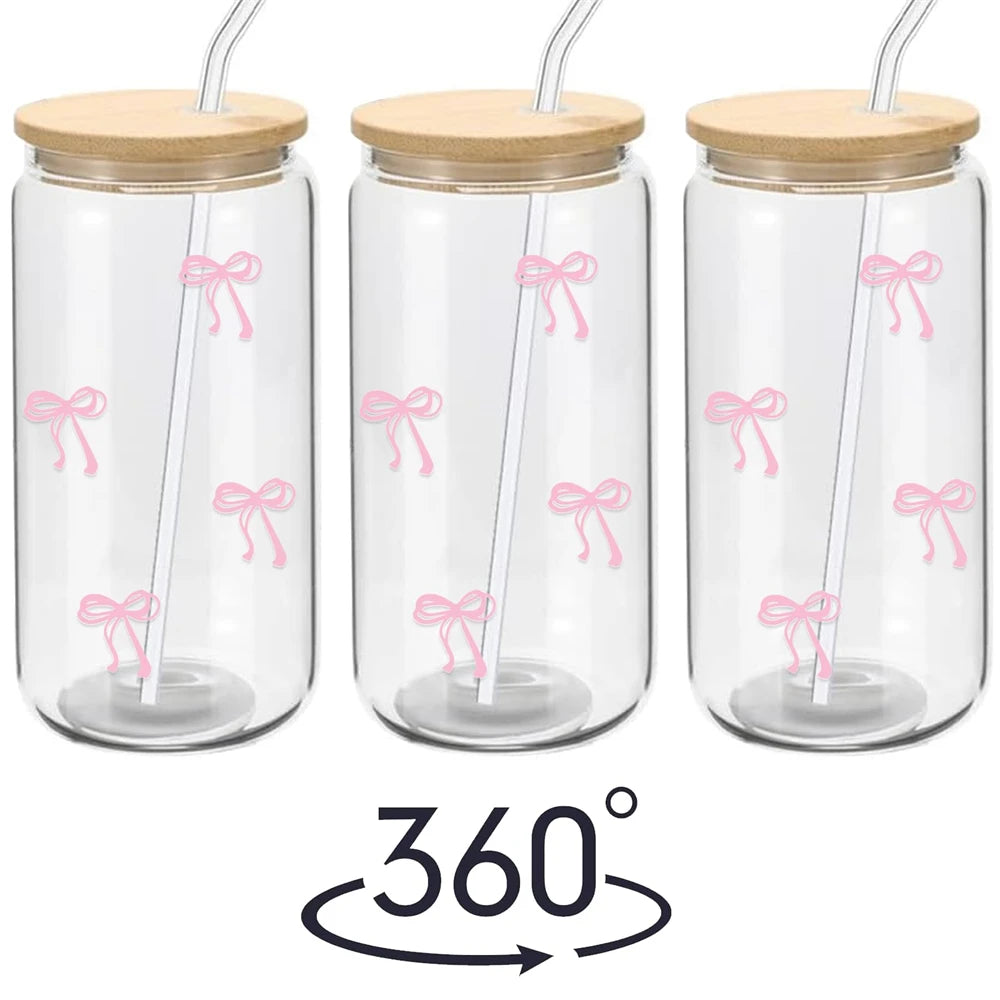 Vasos de cristal bonitos con lazo rosa de 500ml con tapas y vaso de paja, vaso de cristal para leche helada, café, batido, cóctel, taza de jugo Matcha