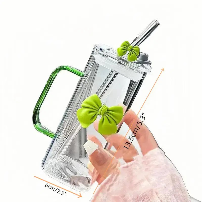 Taza a rayas linda de cristal con lazo de dibujos animados; Diseño de garabatos, adecuado para tés de frutas, limonada, regalo para niñas amantes del café
