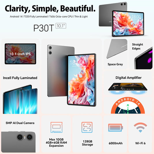 Teclast P30T Tableta, 10,1 pulgadas 1280x800, Android 14, Wi-Fi 6, Unisoc T606 Octa Núcleo, (4GB+6GB)10GB de RAM, 128GB de ROM(Soporte TF 1TB), 5MP+2MP, 6000mAh, Type C, Mali G57
