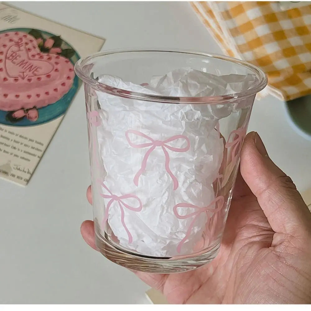Taza de vidrio con lazo rosa para el verano, vaso de café helado, tazón de vidrio, regalo