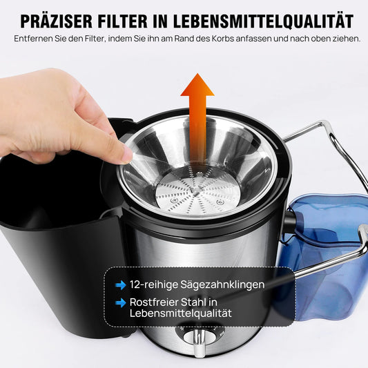 BRIEFNES Extractor de jugo centrífugo 1000W, para frutas y verduras enteras, boca ancha de 65mm, 2 velocidades