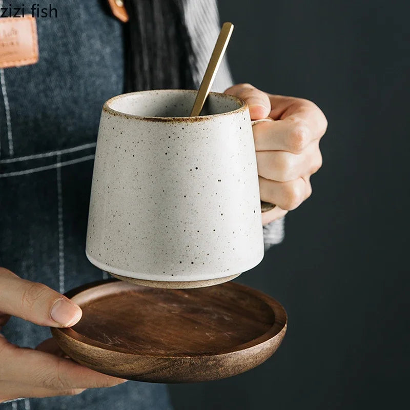 Taza de cerámica creativa Retro, posavasos de madera, taza de café de oficina, taza de bebida, taza de leche, taza de pareja para el hogar, tazas de agua, tazas de té