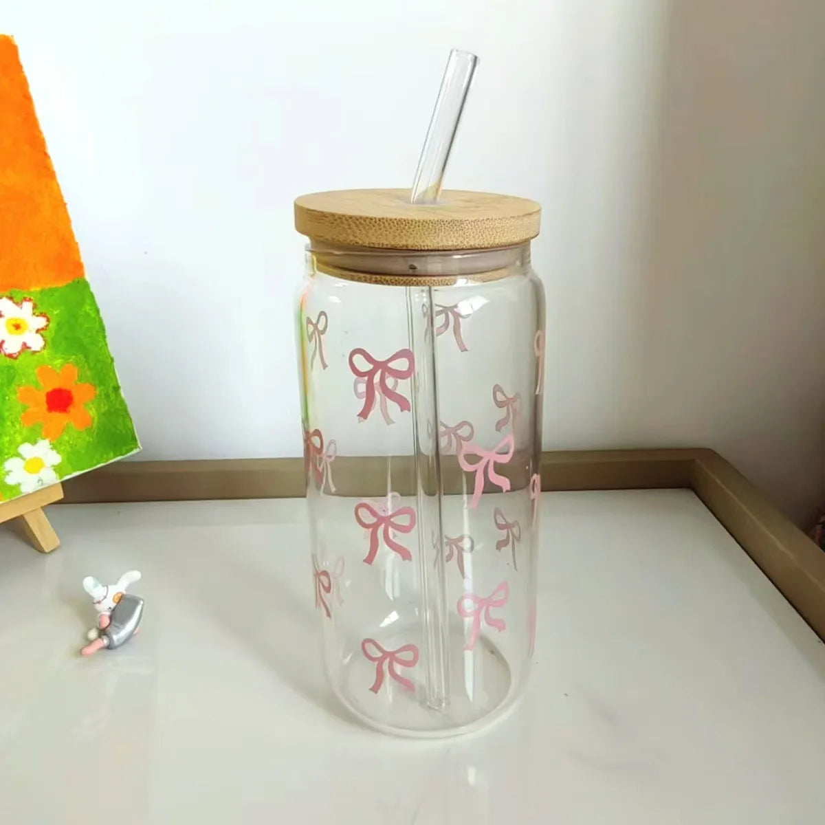 Taza de cristal con lazo bonito de 500ml, botella de agua con patrón de oso, tazas de café con tapas, cepillo de paja, regalo de fiesta del Día de San Valentín