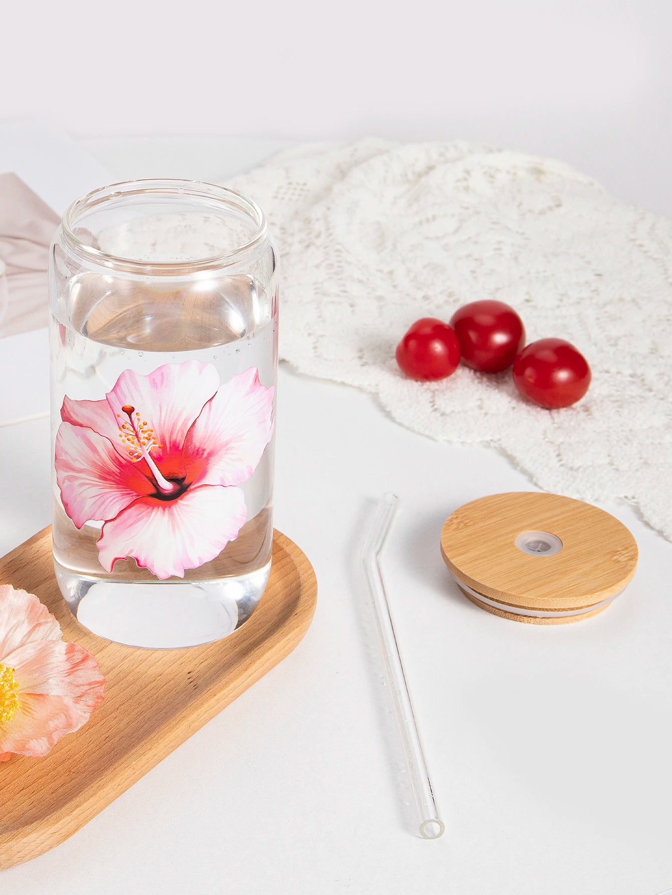 Taza de cristal con lazo bonito de 500ml, botella de agua con diseño de grafiti de cereza de amor, tazas de café con tapas, cepillo de paja, regalo de fiesta del Día de San Valentín