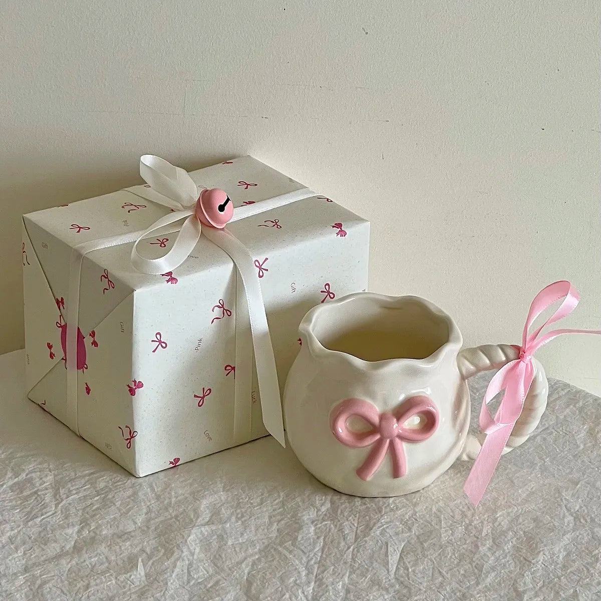 Taza de cerámica con lazo en relieve rosa, tazas para café, leche, bebidas, taza con asa de cerámica con caja, regalo para niñas