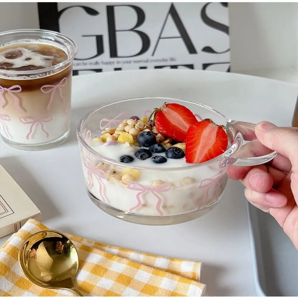 Taza de vidrio con lazo rosa para el verano, vaso de café helado, tazón de vidrio, regalo