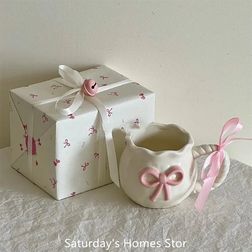 Taza de cerámica con lazo en relieve rosa, tazas para café, leche, bebidas, taza con asa de cerámica con caja, regalo para niñas