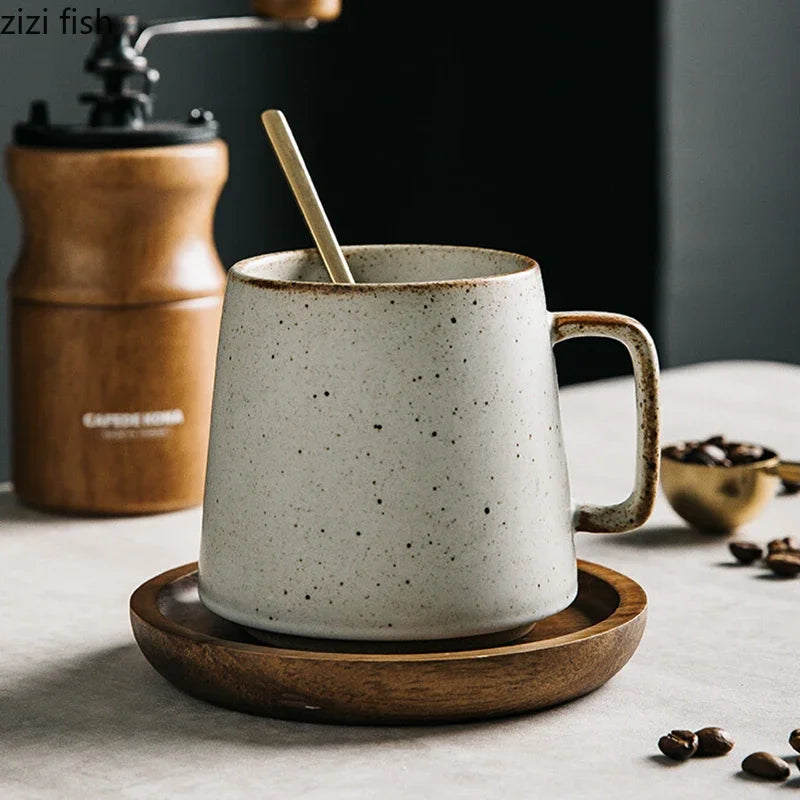 Taza de cerámica creativa Retro, posavasos de madera, taza de café de oficina, taza de bebida, taza de leche, taza de pareja para el hogar, tazas de agua, tazas de té
