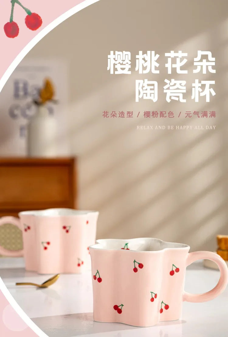Taza de cereza pintada a mano para niña, vaso de agua Irregular creativo, rosa encantador, tazas de leche de cerámica hechas a mano, tazas de café de porcelana, regalo 2023