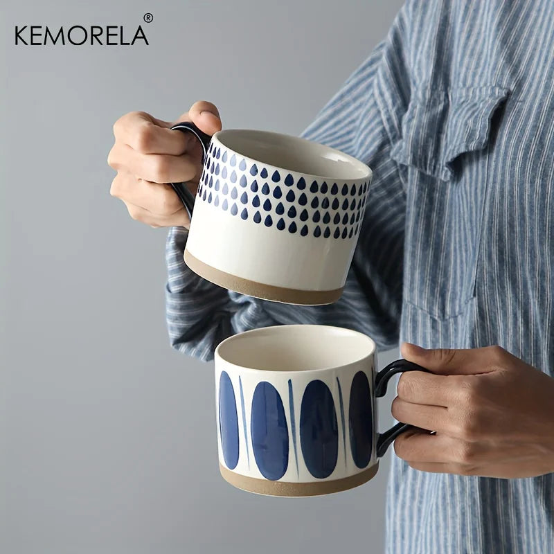 Tazas de café de cerámica pintadas a mano, diseño geométrico azul y blanco, tazas redondas reutilizables seguras para microondas para café, té y avena, 2 uds.