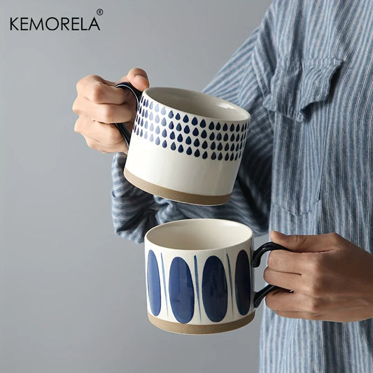 Tazas de café de cerámica pintadas a mano, diseño geométrico azul y blanco, tazas redondas reutilizables seguras para microondas para café, té y avena, 2 uds.
