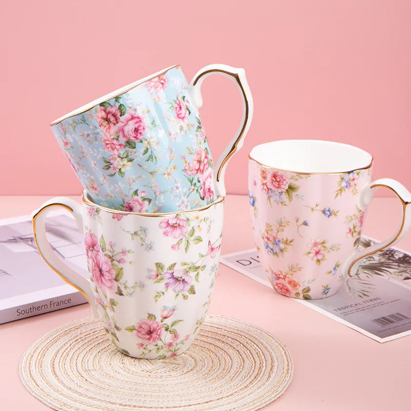 Taza de cerámica para café, leche, bebida Floral, agua, regalo de negocios, hueso creativo, China, taza elegante para el hogar, taza de desayuno para beber