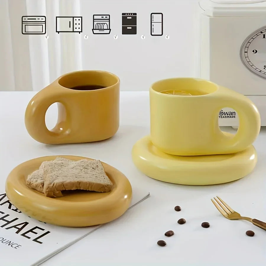 Juego de tazas de café de cerámica de 400ml, platillo con mango grueso, bonito y creativo, para decoración de la Oficina y la habitación del hogar, 1 Juego
