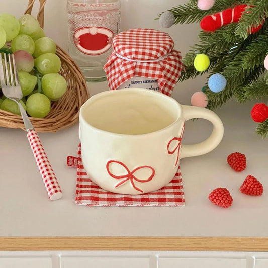 Taza con forma de lazo para niñas de aspecto alto, taza de agua de cerámica para el hogar