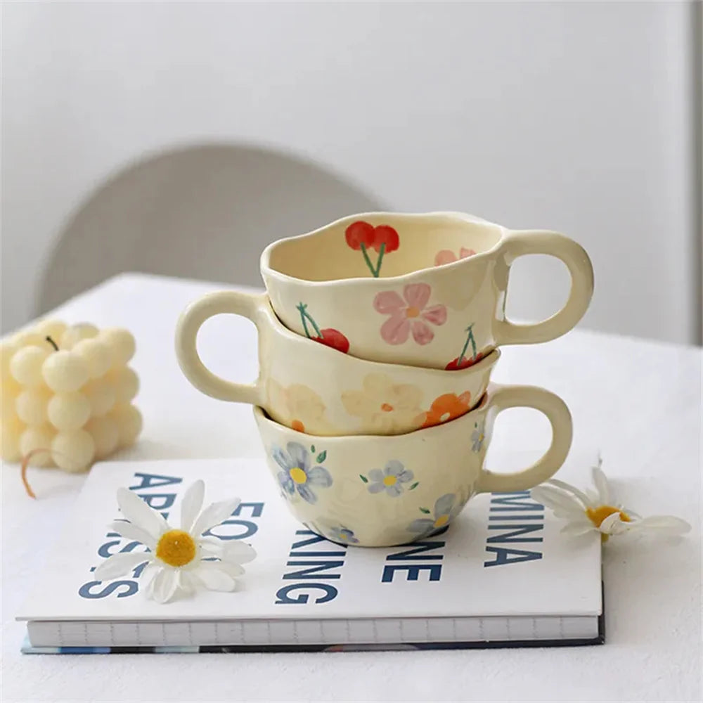 Tazas de cerámica, tazas de café, taza de té de la leche con flores irregulares pellizcadas a mano, taza de desayuno de avena de estilo coreano, vajilla de cocina