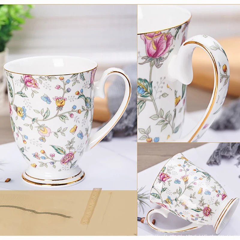 Taza de café de porcelana de hueso, taza de flor de cerámica creativa, exquisita taza de té de la tarde, taza de café, taza de leche de avena para el hogar, regalo de cumpleaños