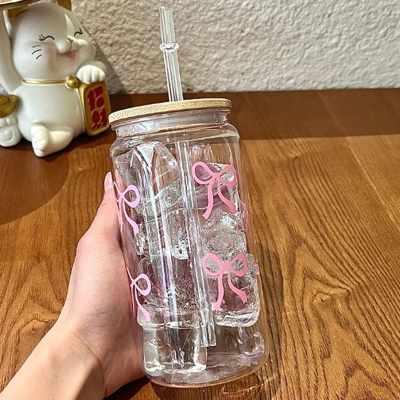 Taza de cristal con lazo rosa para niñas, botella de agua encantadora con tapa de bambú, vasos de café helado, vasos de jugo y bebidas, 500ml, 1 ud.