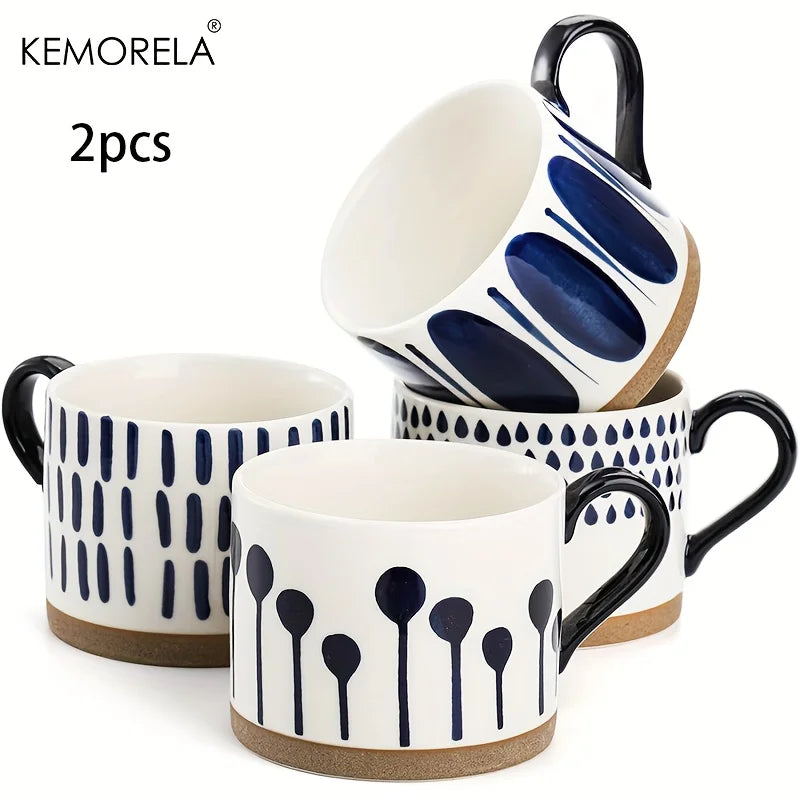 Tazas de café de cerámica pintadas a mano, diseño geométrico azul y blanco, tazas redondas reutilizables seguras para microondas para café, té y avena, 2 uds.