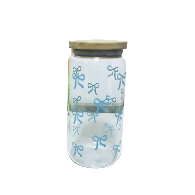 Taza de cristal con lazo rosa para niñas, botella de agua encantadora con tapa de bambú, vasos de café helado, vasos de jugo y bebidas, 500ml, 1 ud.