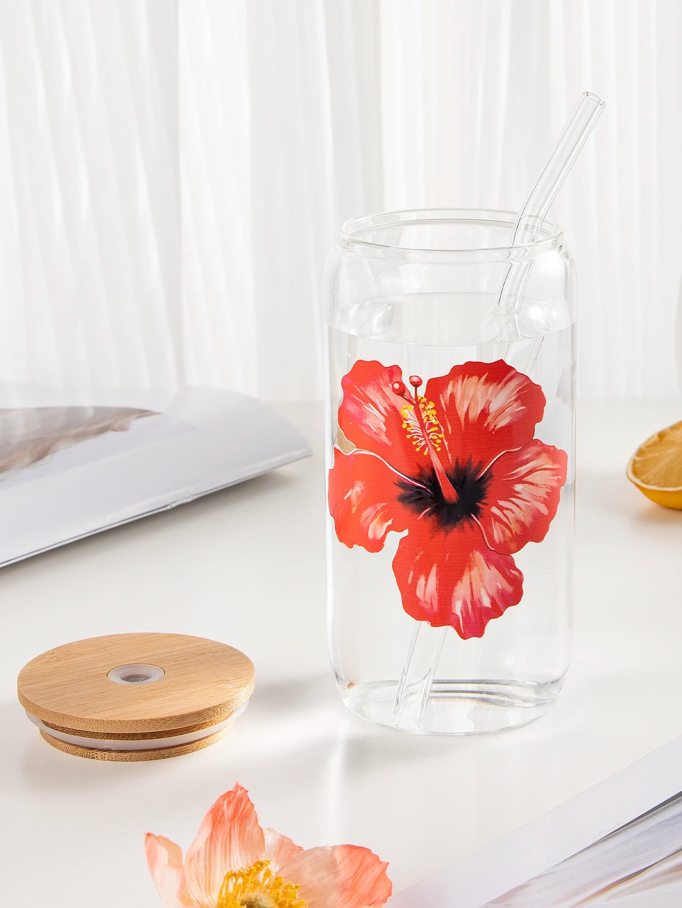 Taza de cristal con lazo bonito de 500ml, botella de agua con diseño de grafiti de cereza de amor, tazas de café con tapas, cepillo de paja, regalo de fiesta del Día de San Valentín