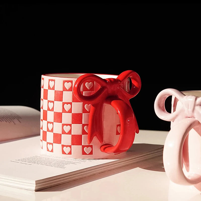 Taza de cerámica con mango de lazo creativo, taza de café con patrón de tablero de ajedrez para decoración del hogar