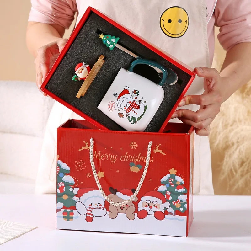 Taza de café de cerámica navideña con tapa y cuchara 3D, lindo regalo de Navidad de reno y muñeco de nieve de Papá Noel para mujeres y hombres, taza de té de cacao caliente