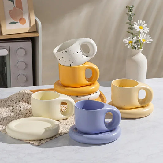 Juego de tazas de café de cerámica de 400ml, platillo con mango grueso, bonito y creativo, para decoración de la Oficina y la habitación del hogar, 1 Juego