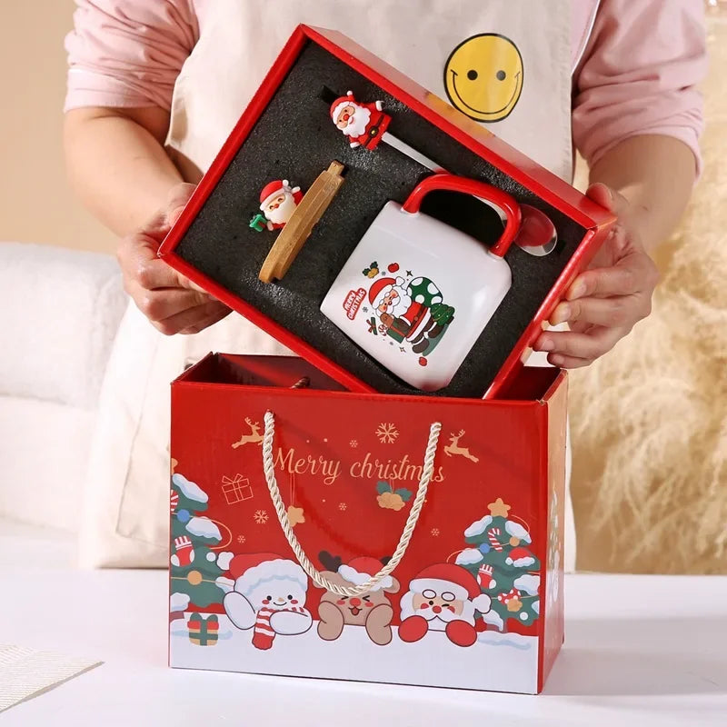 Taza de café de cerámica navideña con tapa y cuchara 3D, lindo regalo de Navidad de reno y muñeco de nieve de Papá Noel para mujeres y hombres, taza de té de cacao caliente