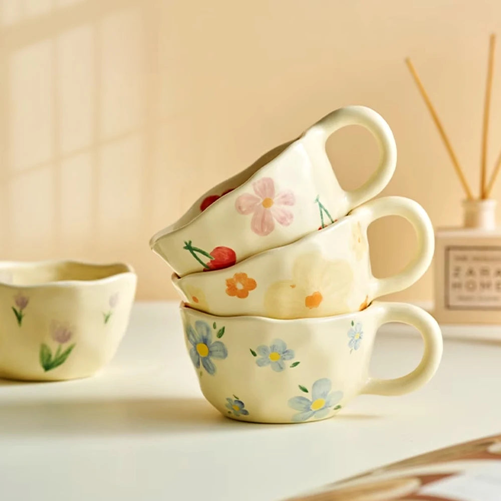 Tazas de cerámica, tazas de café, taza de té de la leche con flores irregulares pellizcadas a mano, taza de desayuno de avena de estilo coreano, vajilla de cocina