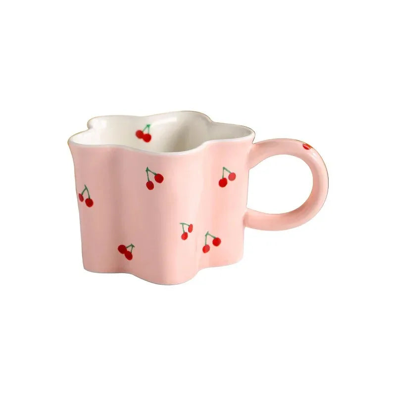 Taza de cereza pintada a mano para niña, vaso de agua Irregular creativo, rosa encantador, tazas de leche de cerámica hechas a mano, tazas de café de porcelana, regalo 2023